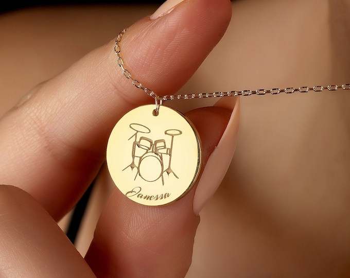 Personalized Sterling Silver Drum Necklace: Custom Music Lover Gift, Drummer Jewelry, Engraved Instrument Pendant for Musicians