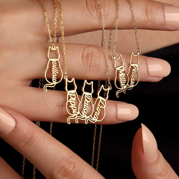 Personalized Sterling Silver Cat Name Necklace: Custom Cat Silhouette Pendant, Pet Memorial Jewelry, Gift for Cat Lovers, Engraved Necklace