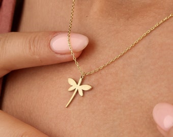 18K Gold Dragonfly Necklace: Sterling Silver Luck Jewelry, Dainty Minimalist Nature Pendant, Personalized Gift for Her, Delicate  Necklace