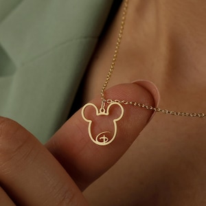 Personalized Mickey Mouse Initial Necklace: Sterling Silver or 18K Gold, Cute Cartoon Letter Pendant, Disney-Inspired Gift for Kids & Her