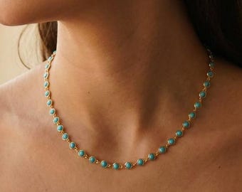 Turquoise Station Necklace, Dainty Turquoise Chain, December Birthstone Necklace, Minimalist Layering Jewelry, Boho Summer Gift