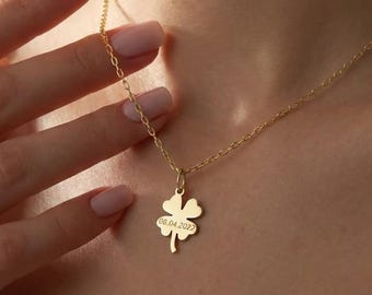 Lucky Clover Necklace , Four Leaf Clover Necklace, Custom Date Jewelry, Minimalist Gold Charm, Anniversary Gif