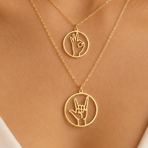 Sterling Silver Hand Gesture Necklace: Sign Language Symbol Jewelry, ASL Pendant, Minimalist Gift, Dainty Minimalist Gift for Her