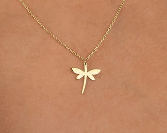14k Gold Dragonfly Necklace: Sterling Silver Charm Pendant, Lucky Jewelry Gift for Her, Minimalist Nature Necklace, Dainty Everyday Piece