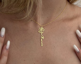 Birth Flower Name Necklace: Personalized Sterling Silver Jewelry