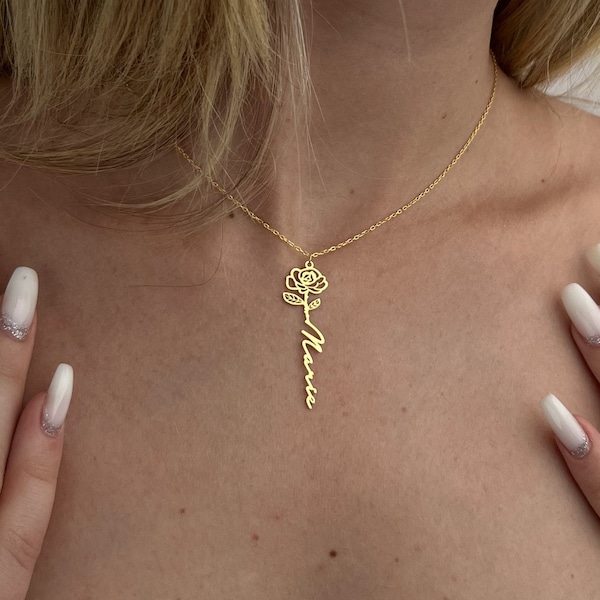 Geburtsblumen Name Halskette: Personalisierte Sterling Silber Schmuck, Benutzerdefinierte 18K Vergoldete Anhänger, Gravierte Blumen Name Halskette