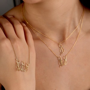 Pu&ograve; includere: Due collane d'oro con ciondoli a forma di gatto. La collana superiore ha un solo ciondolo a forma di gatto con il nome "Willow" inciso su di esso. La collana inferiore ha tre ciondoli a forma di gatto con i nomi "Olivia", "Willow" e "Luna" incisi su di essi.