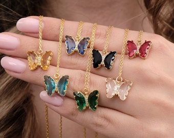 Butterfly Birthstone Necklace: 18K Gold Plated Sterling Silver Pendant, Custom Birth Month Jewelry,Personalized Gift for Her,Dainty Necklace