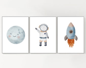 Space Set of 3 blue art print for the baby room or children's room rocket astronaut planet