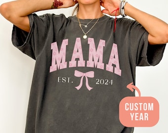 Comfort Colors® Coquette Mama Bow Custom Shirt, Personalized Est Year Bow Shirts, Coquette Aesthetic, Soft Girl Era, Ribbon T-Shirts, MOM-20