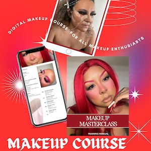 May include: A digital makeup course for all makeup enthusiasts. The course includes a training manual and a makeup masterclass. The image shows a phone screen with a makeup tutorial and a woman with red hair wearing makeup.