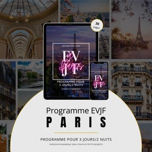 Peut inclure: Un guide de voyage numérique pour Paris, affiché sur une tablette et un smartphone. Le guide présente la Tour Eiffel et le texte "Programme EVJF PARIS". Le guide compte 30 pages et couvre un itinéraire de 3 jours/2 nuits.