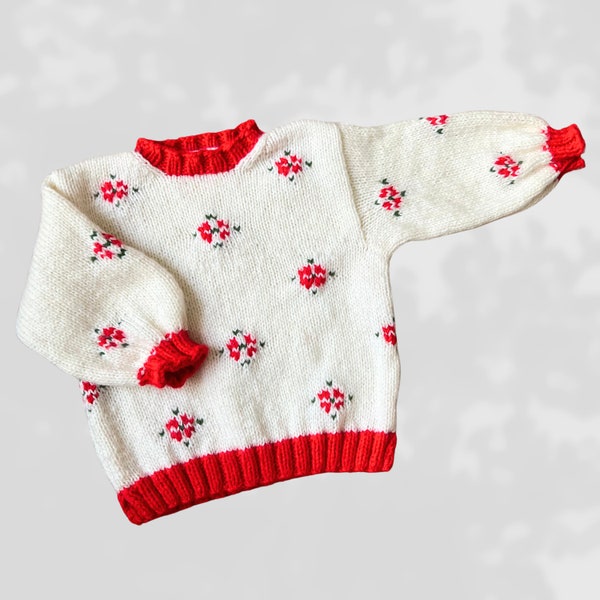 Pull enfant 2 ans blanc à motifs fleurs rouges