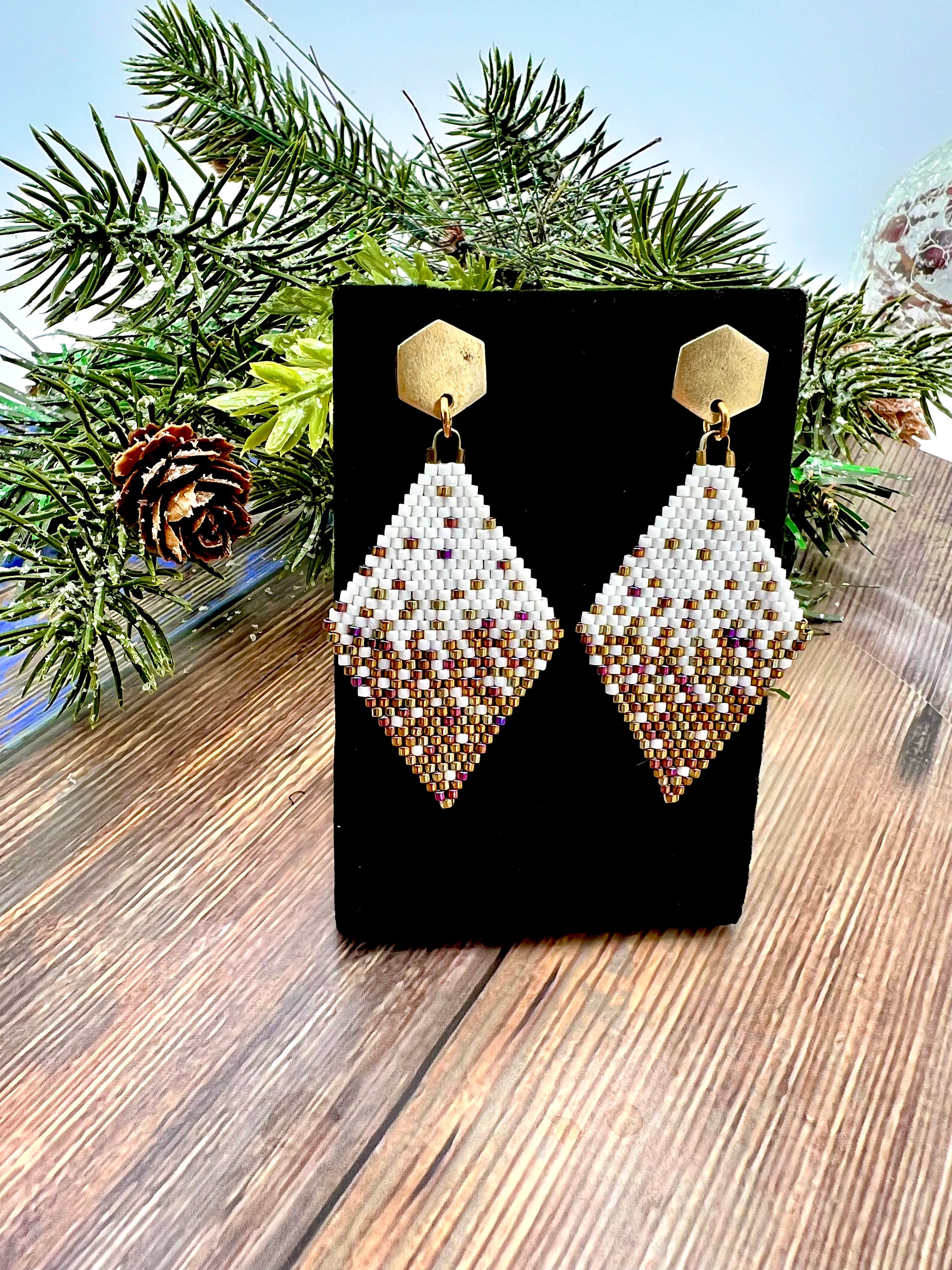 Handmade Miyuki Delica Beaded Drop Earrings: White Gold Gradient