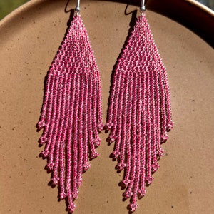 Dirty pink beaded fringe earrings