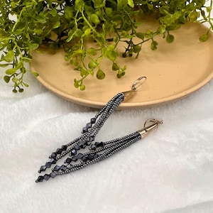 Hematite Beaded Tassel Drop Earrings: Elegant Dangle Earrings