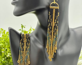 Matte Black and Gold Seed Bead Dangle Fringe Earrings on Gold Plated ...