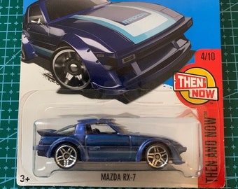 Hot Wheels Mazda RX-7-Blue With Black Interior- Long Card-2017 Then And Now-Hard to Find Collector Miniature Model 1/64