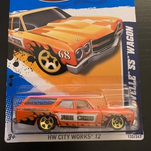 Hot Wheels 1970 Chevrolet Chevelle SS Wagon-Orange With Black Flames-2012 Long Card-Hard to Find Collector Miniature Model 1/64