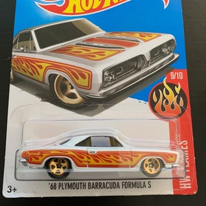 Hot Wheels 1968 Plymouth Barracuda Formula S-White With Yellow Flames-Long Card -Hard to Find Collector Miniature Model 1/64
