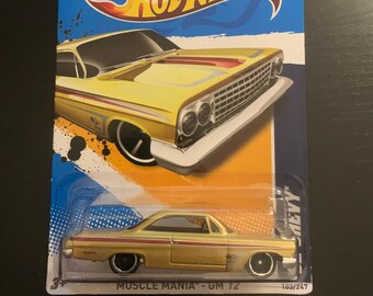 Hot Wheels 1962 Chevy-Gold With Red Stripe-Muscle Mania 2012 Long Card- Hard to Find Collector Miniature Model 1/64