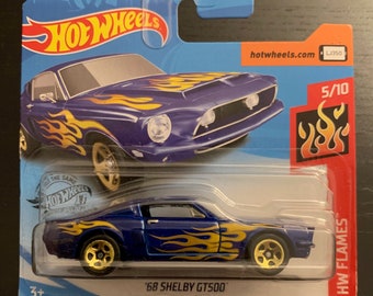 Hot Wheels 1968 Ford Shelby GT500-Blue With Flames-Short Card-Hard to Find Collector Miniature Model 1/64