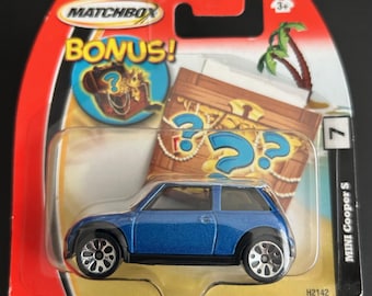 Matchbox Mini Cooper S-Blue With White Roof-2004 -Treasure Bonus-Short Card-Hard to Find Collector Miniature Model 1/64
