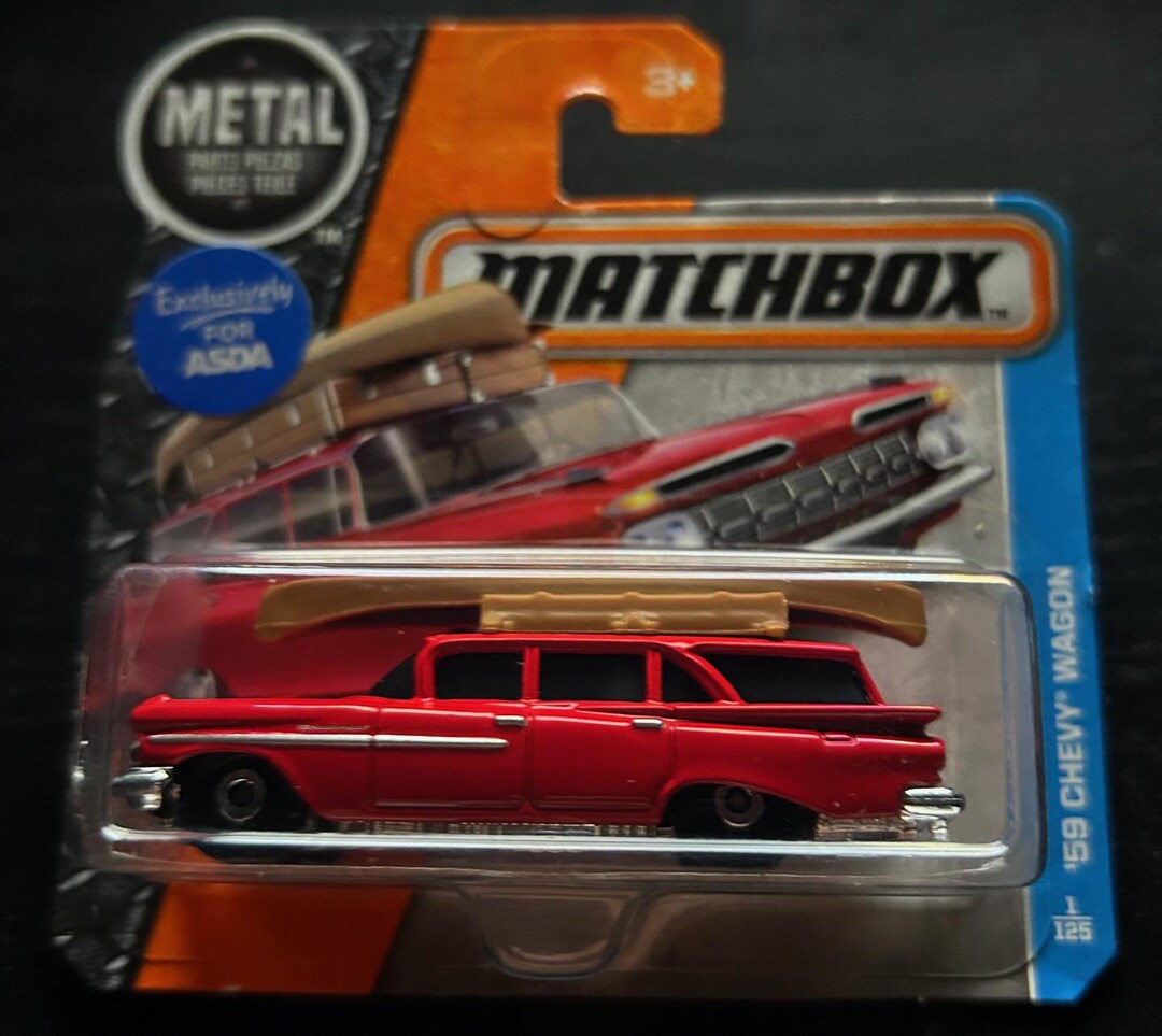 Matchbox 1959 Chevy Wagon- Red With Canoe on Roof-short Card -hard