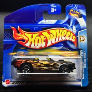Hot Wheels Ford mustang Mach 1-Matte Schwarz mit Rot/Gelb Flammen-2003 Wastelanders-Short Karte-schwer zu finden Sammler Miniatur Modell 1/64
