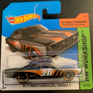 Hot Wheels 1968 Plymouth Barracuda Formula S-Black With Orange Stripes- 2014 Short Card -Hard to Find Collector Miniature Model 1/64