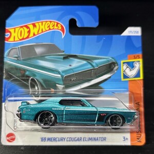 Hot Wheels 1969 Mercury Cougar Eliminator - Bleu/sarcelle avec intérieur noir - Carte courte - Modèle miniature de collection 1/64 difficile à trouver
