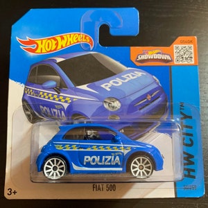 Hot Wheels Fiat 500-Azul com decalques policiais- Carro de caça ao tesouro-2015 HW City-Cartão curto-Difícil de encontrar Colecionador modelo em miniatura 1/64