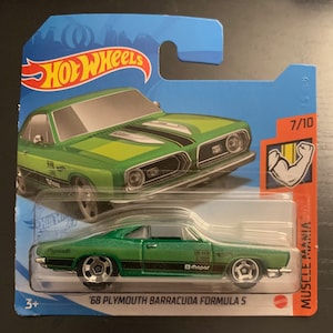 Hot Wheels 1968 Plymouth Barracuda Formula S-Green With Black Stripes- Short Card -Hard to Find Collector Miniature Model 1/64