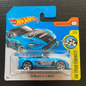 Hot Wheels 2015 Mazda MX-5 Miata-Blue With Black Interior-HW Speed Graphics Short Card-Hard to Find Collector Miniature Model 1/64