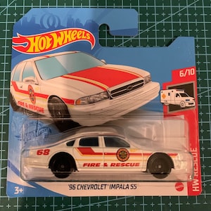 Hot Wheels 1996 Chevrolet Impala SS-White With Black Wheels-Fire And Rescue Short Card -Hard to Find Collector Miniature Model 1/64