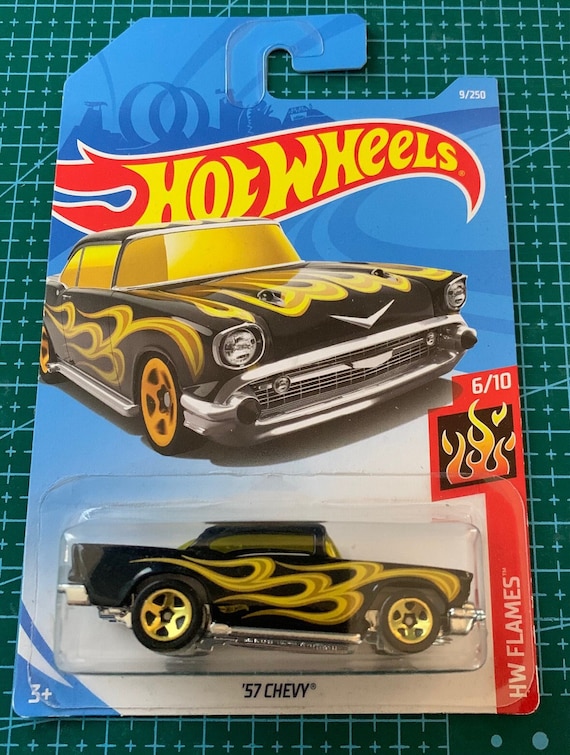 Hot Wheels 1957 Chevy-black With Yellow Flames-long Card -hard to