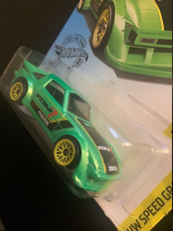 Hot Wheels Mazda Rx-7-green With Yellow Wheels Long Card