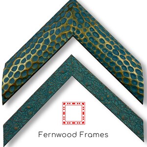 May include: Two decorative picture frames in teal and gold. The top frame has a honeycomb pattern, while the bottom frame features an ornate floral design. The frames are angled, showcasing their textured surfaces. The text "Fernwood Frames" is at the bottom.