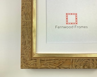 Distressed Wood Picture Frame with White Mat and Gold Lip