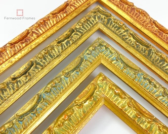 May include: Three ornate picture frames with gold and green paint. The frames have a decorative, ornate design with a raised edge.