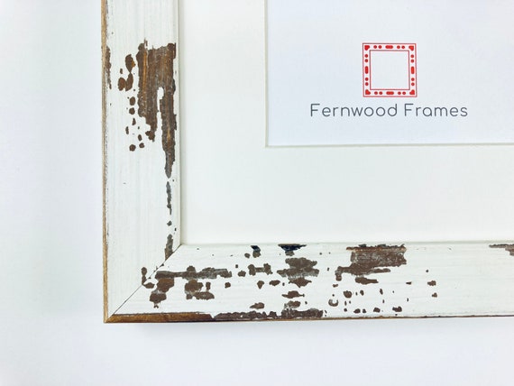 Country Rustic White Picture Frame with White Mat 1.5" 4x6, 5x7, 8x10, 11x14, 16x20 Custom Sizes Available