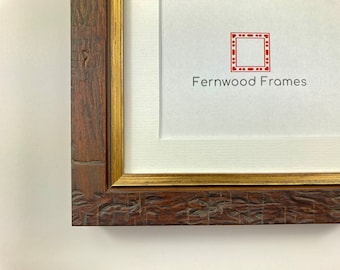 Distressed Brown Wood Picture Frame with Gold Lip & White Mat