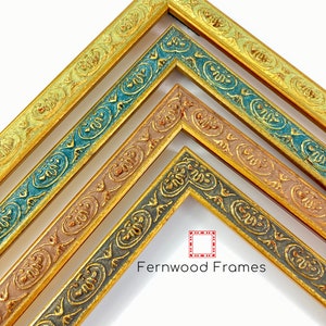 May include: Four ornate picture frames with gold accents and different colored inlays. The frames are stacked on top of each other, with the top frame being the largest and the bottom frame being the smallest. The frames are all made of wood and have a decorative design. The text "Fernwood Frames" is visible at the bottom of the image.