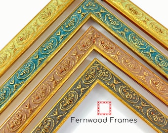 May include: Four ornate picture frames with gold accents and different colored inlays. The frames are stacked on top of each other, with the top frame being the largest and the bottom frame being the smallest. The frames are all made of wood and have a decorative design. The text "Fernwood Frames" is visible at the bottom of the image.