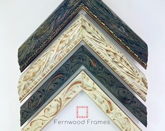 May include: Five different picture frames, arranged in a pyramid shape, with the top frame being a dark brown wood with gold accents, the second frame is a white wood with a floral design, the third frame is a dark brown wood with a floral design, the fourth frame is a white wood with a floral design, and the bottom frame is a white wood with a floral design. The frames are all in the same style and have a similar design. The text "Fernwood Frames" is printed below the frames.