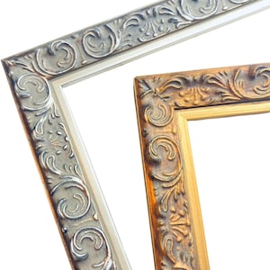 May include: Two ornate picture frames, one silver and one gold, with intricate floral designs. The frames are positioned to overlap, creating a layered effect.