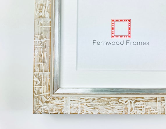 White Wood Picture Frame with White Mat, Distressed Wood Silver Lip, 4x6, 5x7, 8x10, 11x,14 Custom & Stand Sizes Available Hand Made