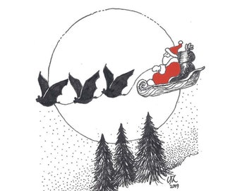 Pack of 5 Bat inspired Christmas Cards featuring an original bat illustration by Liz