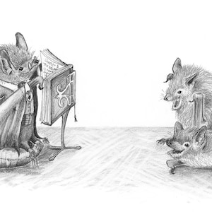 Scheda A5 con illustrazione originale di un pipistrello "Prima lettura di Brandts Stoker del suo nuovo romanzo Batula"