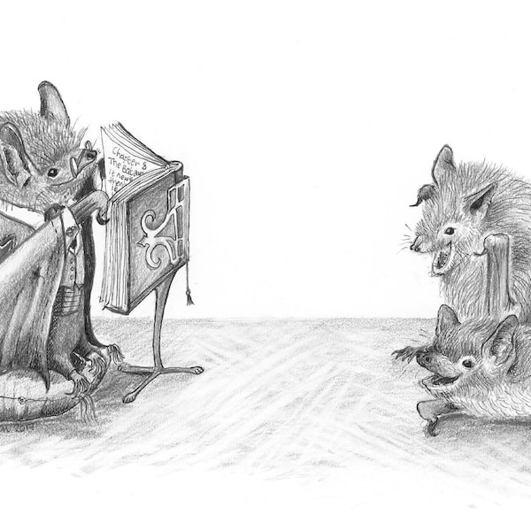 A5 Card featuring an original bat illustration "Brandts Stoker's first reading of his new novel Batula"